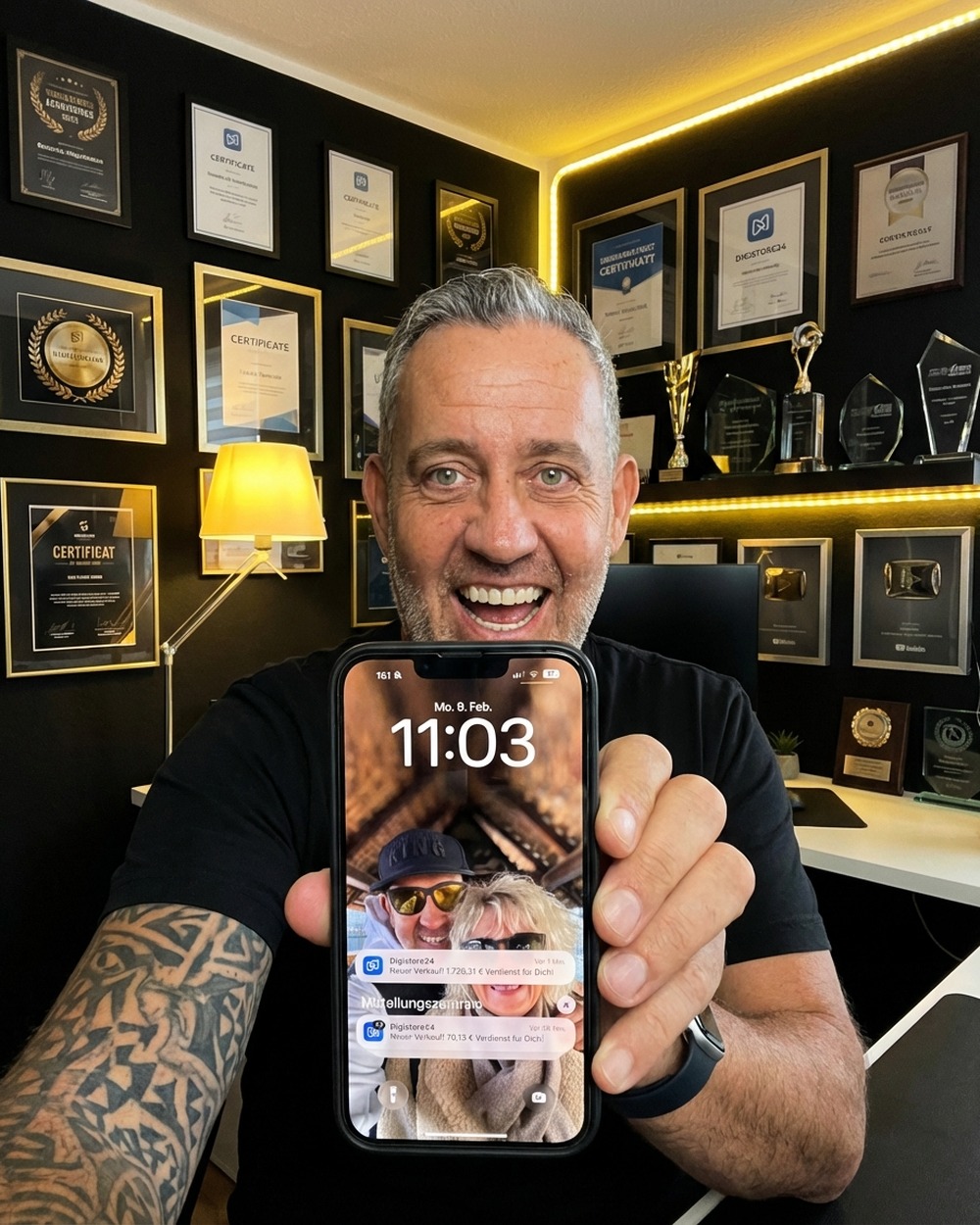 Ralf Schmitz mit einer Verkaufsbenachrichtigung auf dem Handy